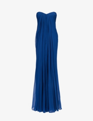 Shop Alexander Mcqueen Women's Electric Navy Draped Sweetheart-neck Silk Maxi Dress In Blue
