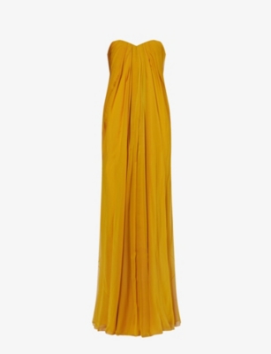 Alexander Mcqueen Womens Saffron Draped Sweetheart-neck Silk Maxi Dress In Yellow