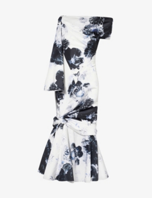 Alexander Mcqueen Womens Ink Asymmetric-neckline Floral-print Woven Midi Dress