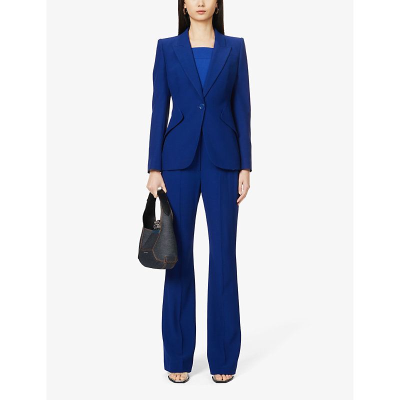 Shop Alexander Mcqueen Women's Electric Navy Pressed-crease Slim-fit Bootcut Mid-rise Woven Trousers In Blue