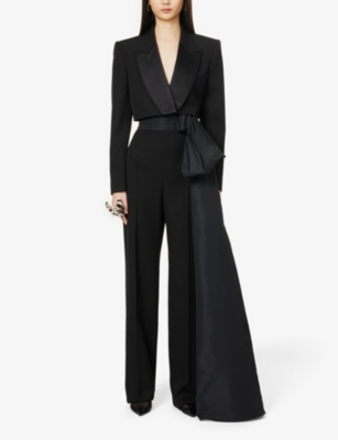 Shop Alexander Mcqueen Women's Black Bow-embellished Straight-leg High-rise Wool Trousers