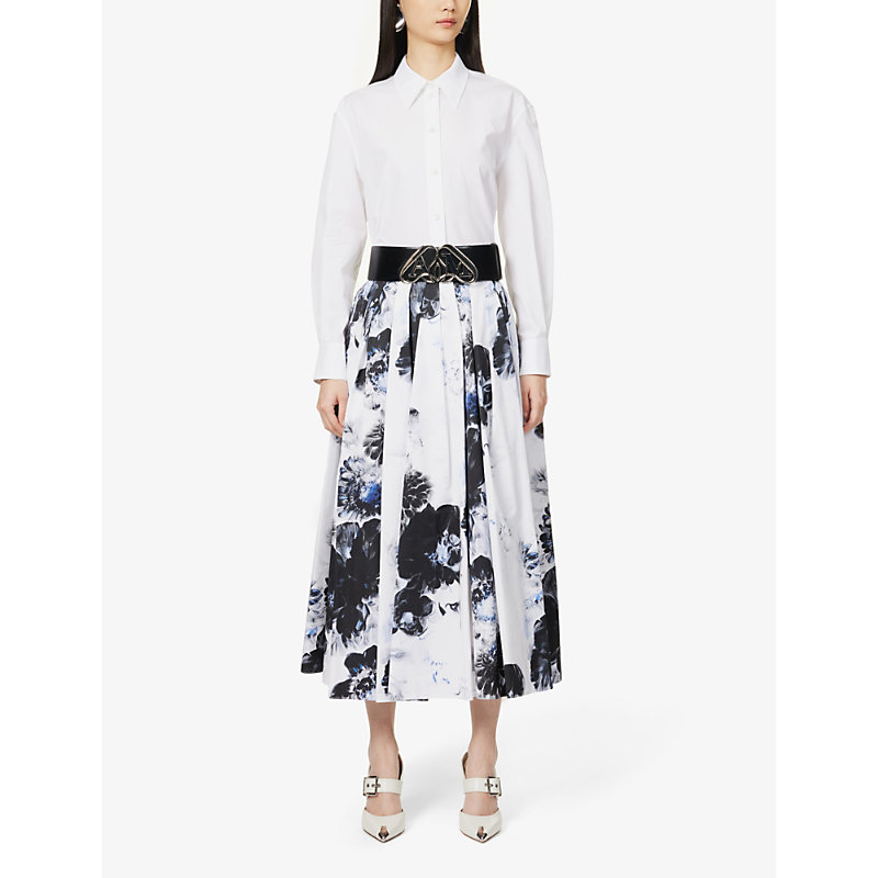 Shop Alexander Mcqueen Womens Ink Floral-print Pleated Cotton Midi Skirt