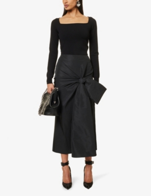 Shop Alexander Mcqueen Womens Black Bow-embellished Slim-fit Woven Midi Skirt