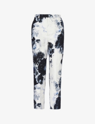 Shop Alexander Mcqueen Womens Ink Floral-print Tapered-leg High-rise Woven Trousers In Blue