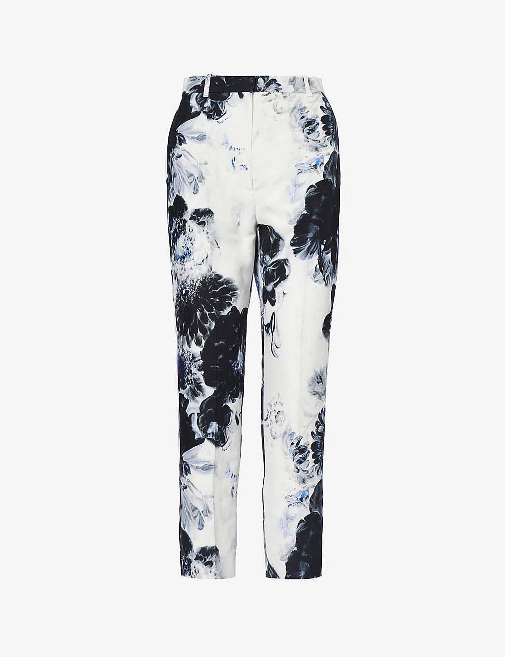 Shop Alexander Mcqueen Floral-print Tapered-leg High-rise Woven Trousers In Blue