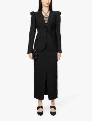 Shop Alexander Mcqueen Women's Black Split-hem Woven-texture Wool Midi Skirt