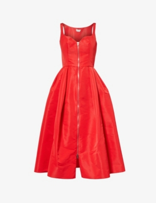 Alexander Mcqueen Womens Lust Red Sweetheart-neck Zip-front Woven Midi Dress