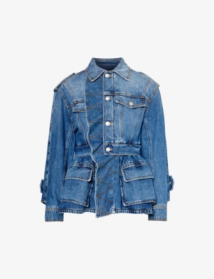 Alexander Mcqueen Womens Worn Wash Peplum-trim Faded Denim Jacket