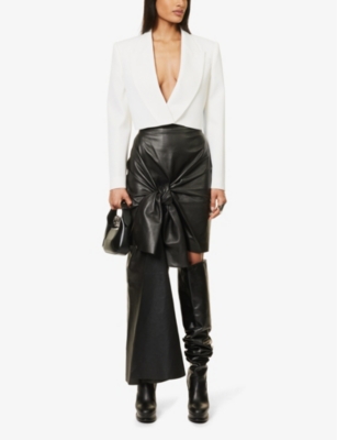 Shop Alexander Mcqueen Women's Black Draped Bow-embellished High-rise Leather Midi Skirt