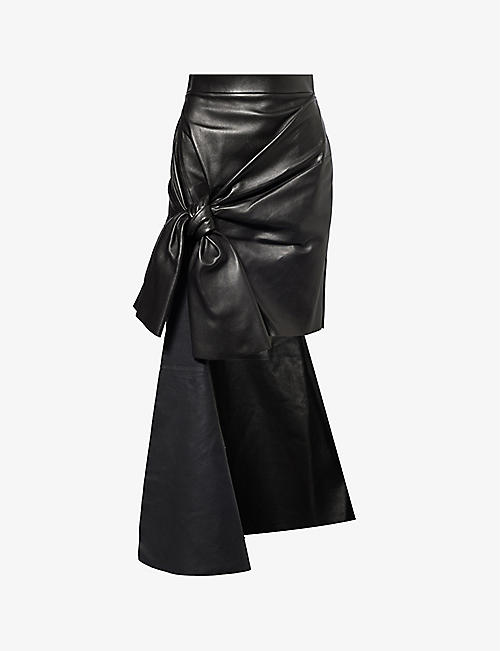 ALEXANDER MCQUEEN: Draped bow-embellished high-rise leather midi skirt