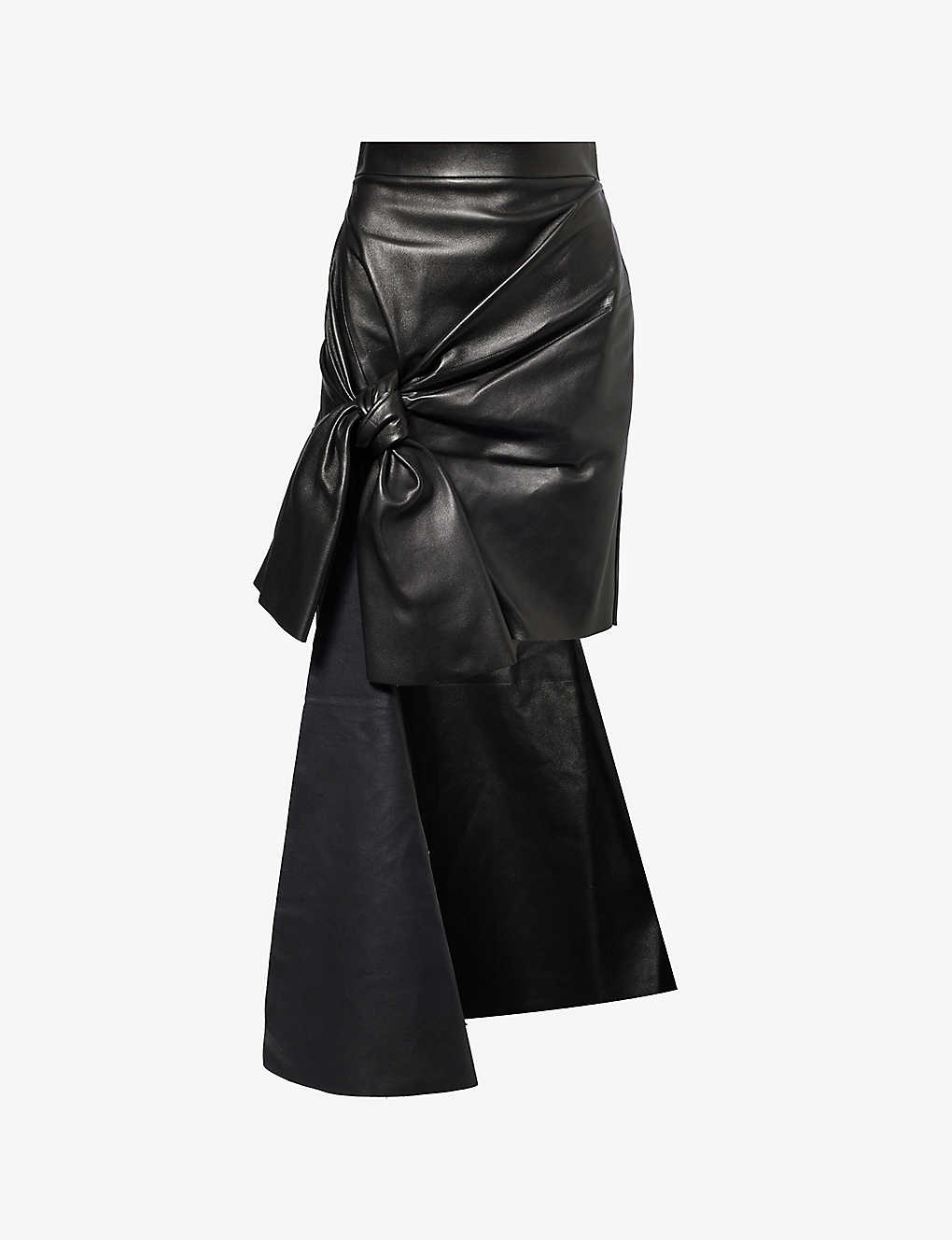 Alexander Mcqueen Womens Black Draped Bow-embellished High-rise Leather Midi Skirt