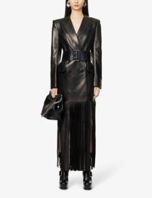 Shop Alexander Mcqueen Fringed-hem Peak-lapel Leather Coat In Black
