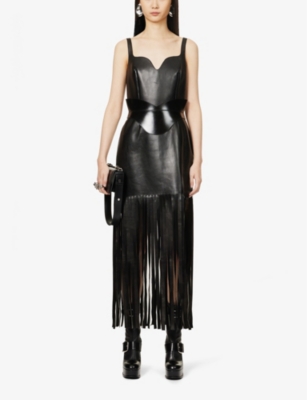 Shop Alexander Mcqueen Women's Black Sweetheart-neck Fringed-hem Leather Mini Dress