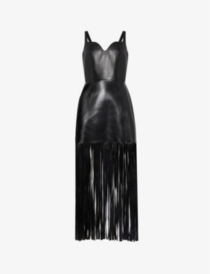 Alexander Mcqueen Womens Black Sweetheart-neck Fringed-hem Leather Mini Dress