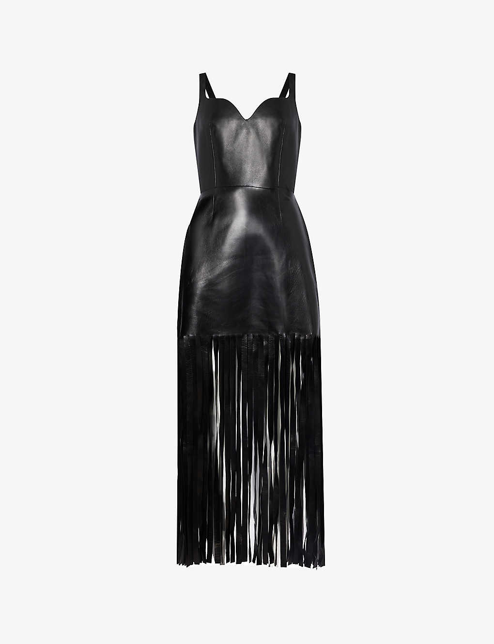 Alexander Mcqueen Womens Black Sweetheart-neck Fringed-hem Leather Mini Dress