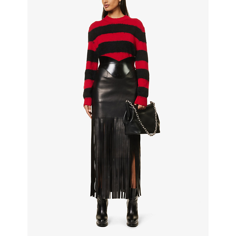 Shop Alexander Mcqueen Women's Black Fringed-trim High-rise Leather Mini Skirt