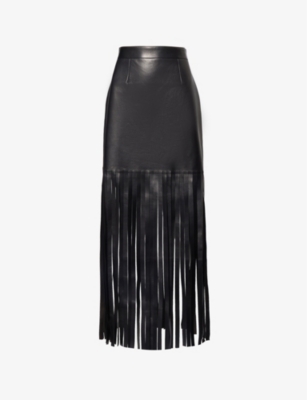 Shop Alexander Mcqueen Women's Black Fringed-trim High-rise Leather Mini Skirt
