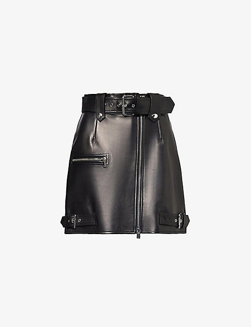 ALEXANDER MCQUEEN: Buckle-embellished zip-front leather mini skirt
