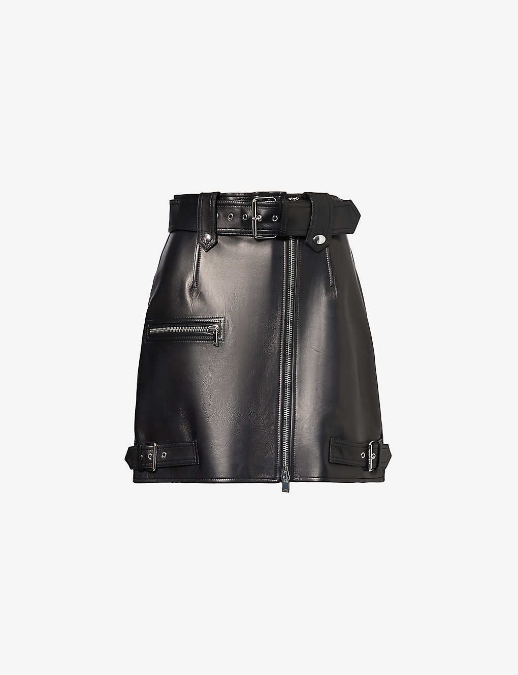 Alexander Mcqueen Womens Black Buckle-embellished Zip-front Leather Mini Skirt