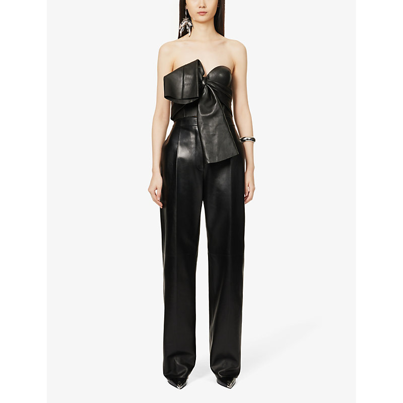 Shop Alexander Mcqueen Womens Black Straight-leg Mid-rise Leather Trousers