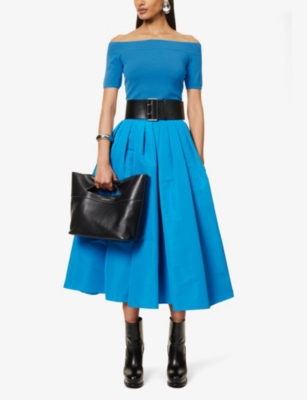 Shop Alexander Mcqueen Off-the-shoulder Ribbed Knitted Top In Lapis Blue