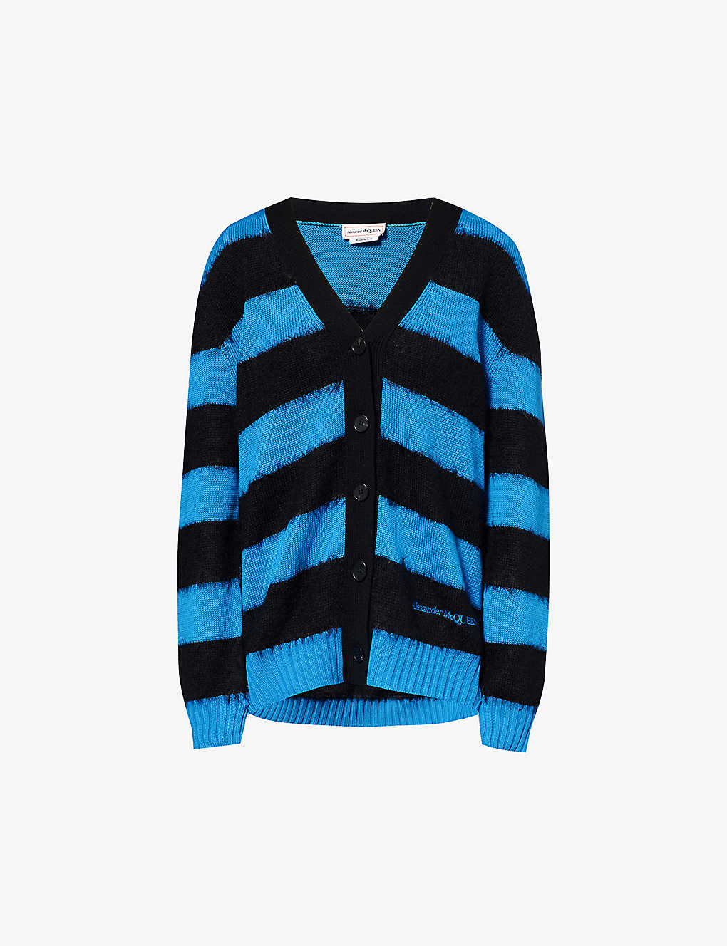 Shop Alexander Mcqueen Womens Lapis Blue Black Striped Brand-embroidered Cotton-knitted Cardigan