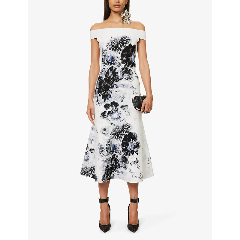 Shop Alexander Mcqueen Womens White Black Blue Graphic-pattern Flared-hem Knitted Midi Dress In Multi-coloured