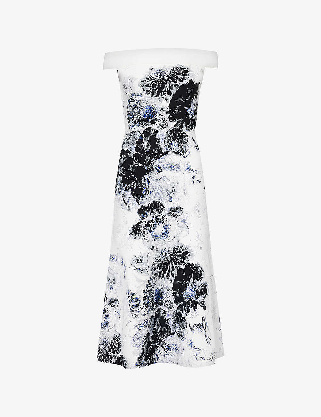 Shop Alexander Mcqueen Women's White Black Blue Graphic-pattern Flared-hem Knitted Midi Dress In Multi-coloured