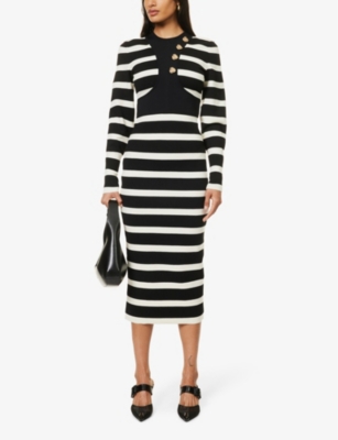 Shop Alexander Mcqueen Women's Black Ivory Striped Round-neck Wool-blend Midi Dress