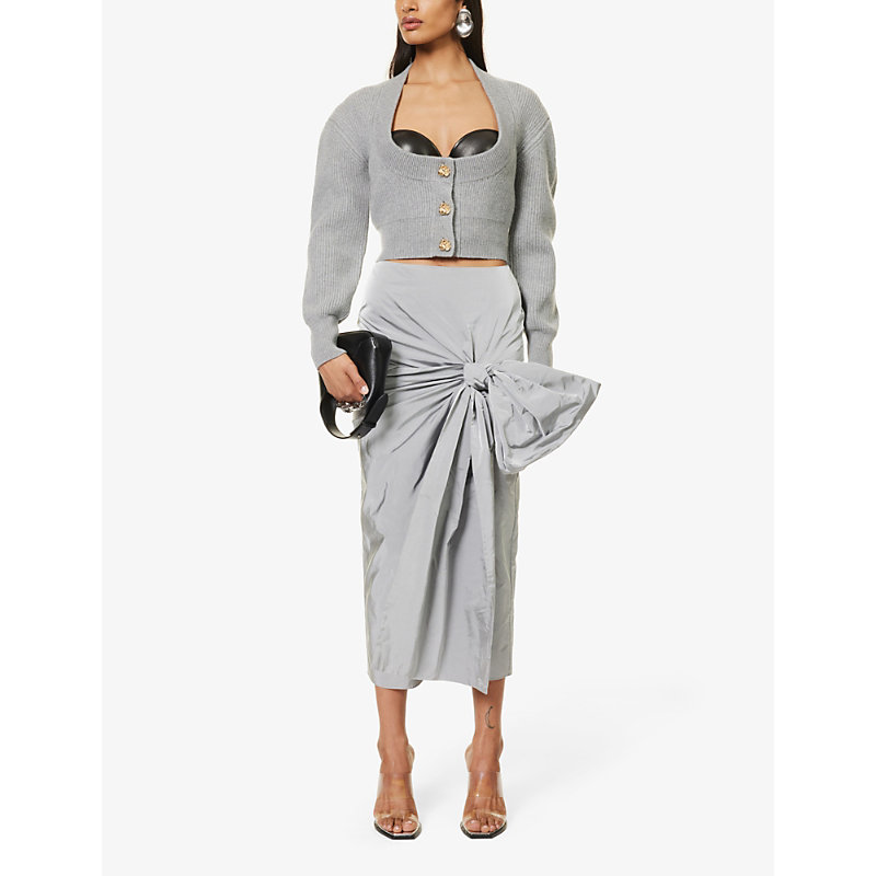 Shop Alexander Mcqueen Women's Grey Melange Scoop-neck Cropped Wool And Cashmere-blend Knitted Cardigan