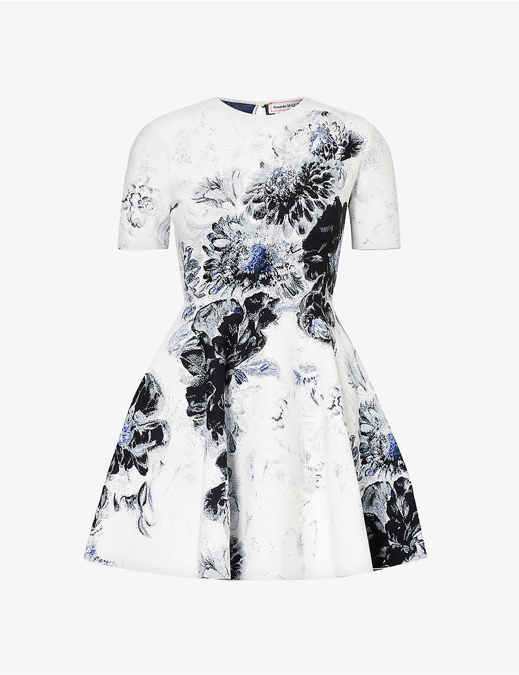 Alexander Mcqueen Womens White Black Blue Graphic-pattern Flared-hem Knitted Mini Dress In Multi-coloured