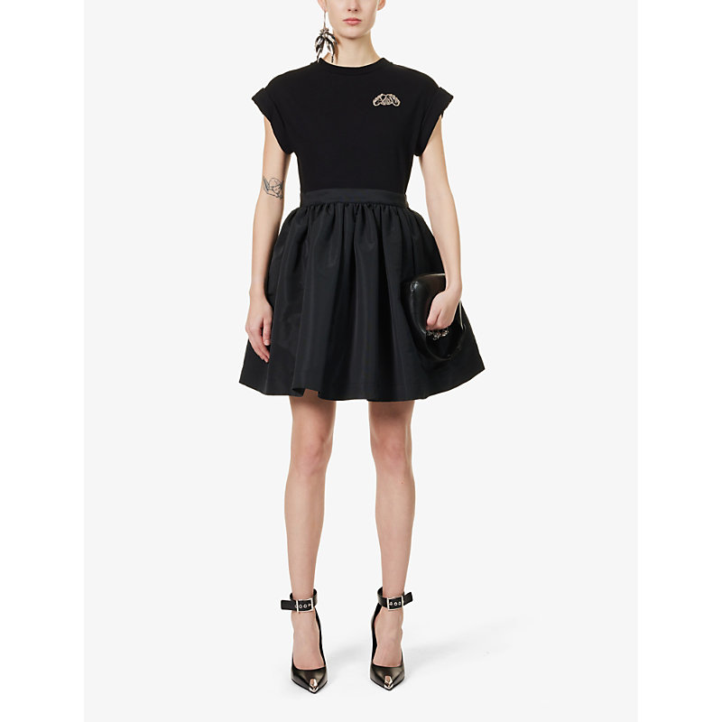 Shop Alexander Mcqueen Women's Black Brand-embellished Hybrid Cotton Mini Dress