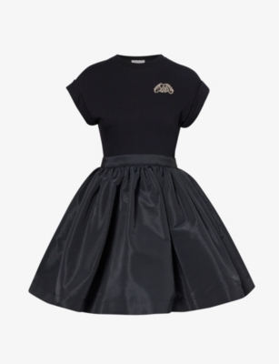 Shop Alexander Mcqueen Women's Black Brand-embellished Hybrid Cotton Mini Dress