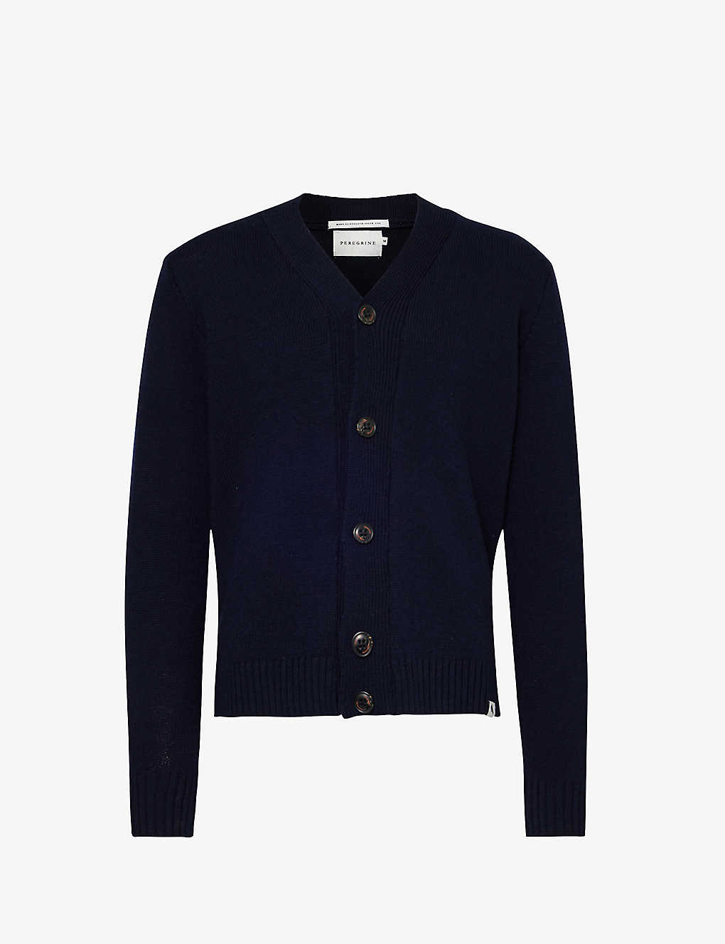 Peregrine Mens Navy Makers Stitch V-neck Relaxed-fit Wool-knitted Cardigan