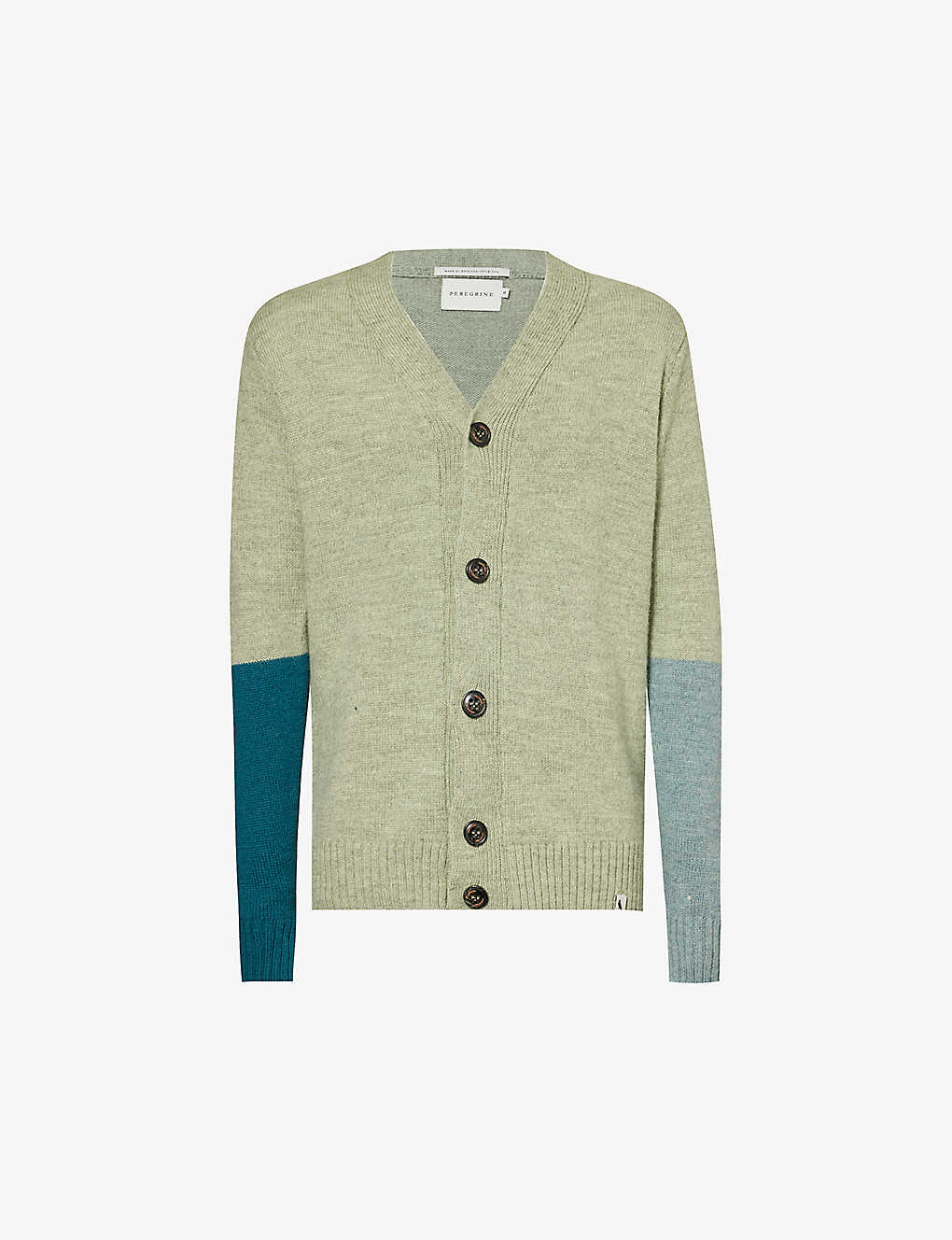 Peregrine Mens Mint Contrast-panel V-neck Wool-knit Cardigan In Green