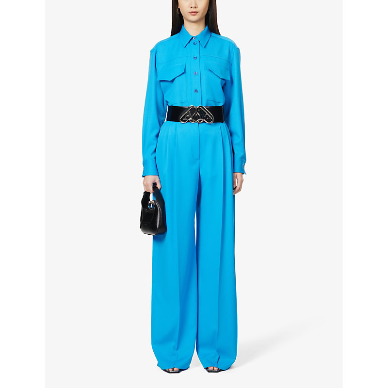 Shop Alexander Mcqueen Women's Lapis Blue Pleated Pressed-crease Mid-rise Wide-leg Wool Trousers
