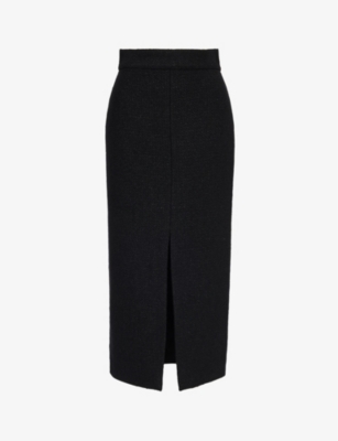 Alexander Mcqueen Womens Black Split-hem Bouclé-texture Wool-blend Midi Skirt