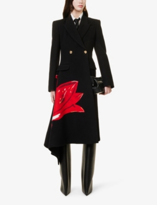 Shop Alexander Mcqueen Women's Black Floral-print Asymmetric-hem Wool And Cashmere-blend Coat