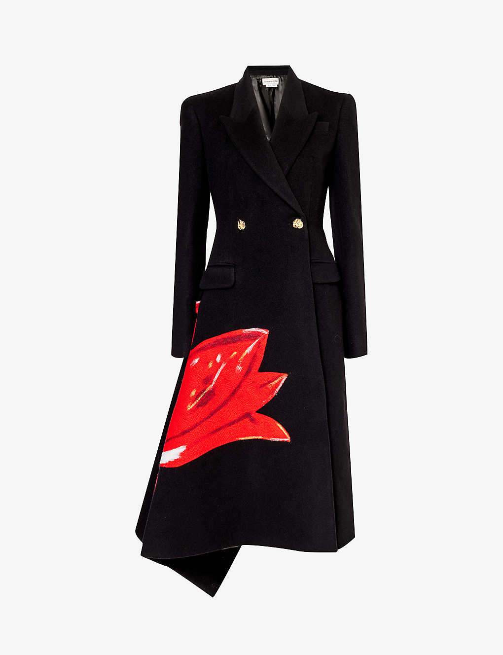 Alexander Mcqueen Womens Black Floral-print Asymmetric-hem Wool And Cashmere-blend Coat