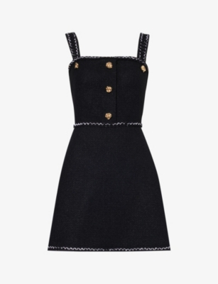Alexander Mcqueen Women's Black Exposed-stitching Bouclé-texture Wool-blend Mini Dress