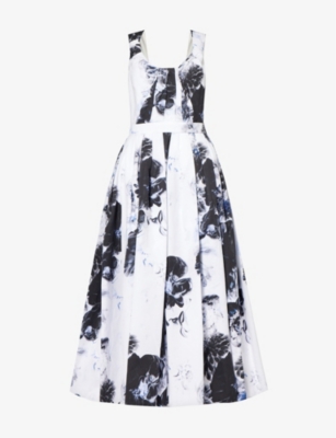 Alexander Mcqueen Womens Ink Floral-print Sweetheart-neck Cotton Midi Dress In Ink