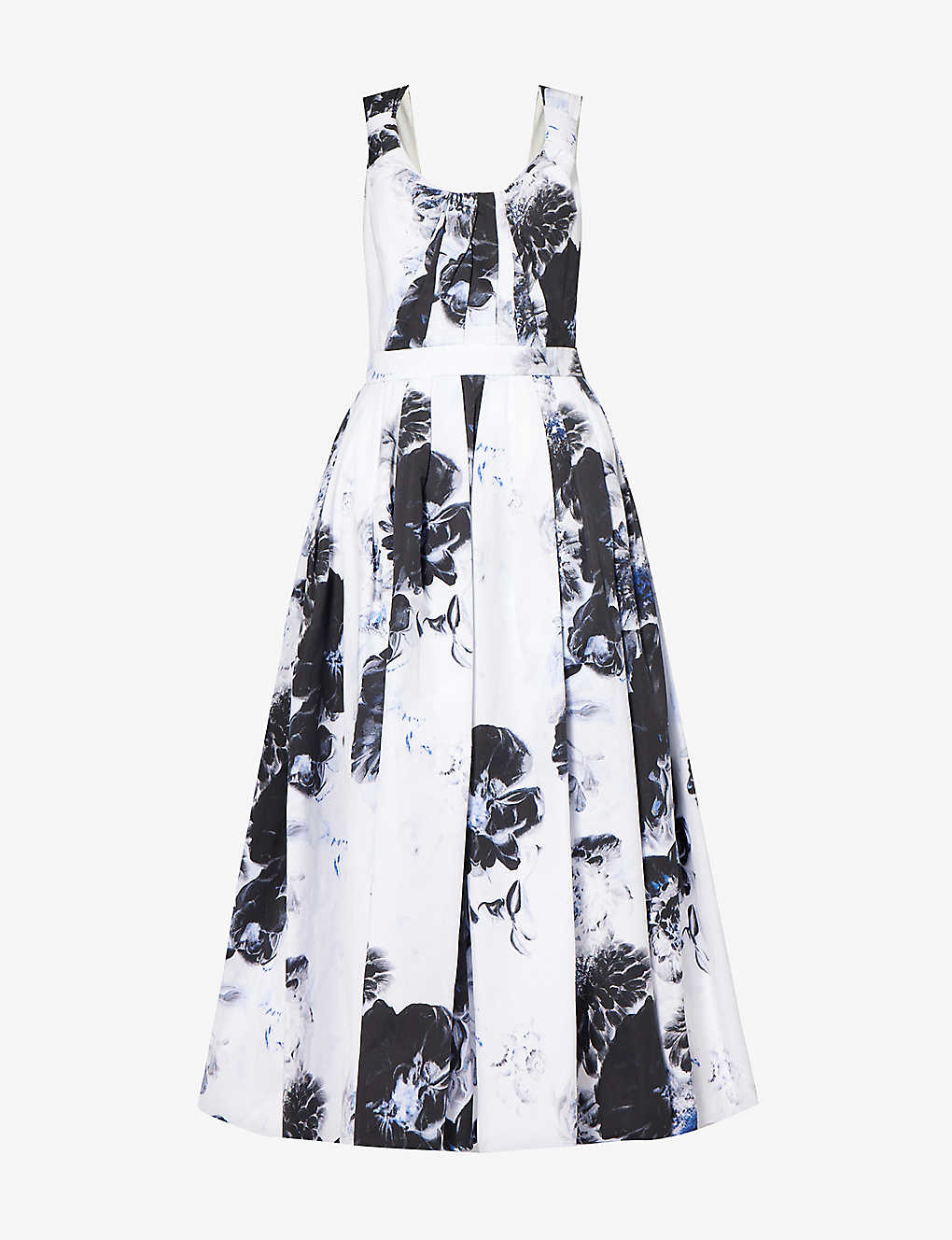 Shop Alexander Mcqueen Women's Ink Floral-print Sweetheart-neck Cotton Midi Dress