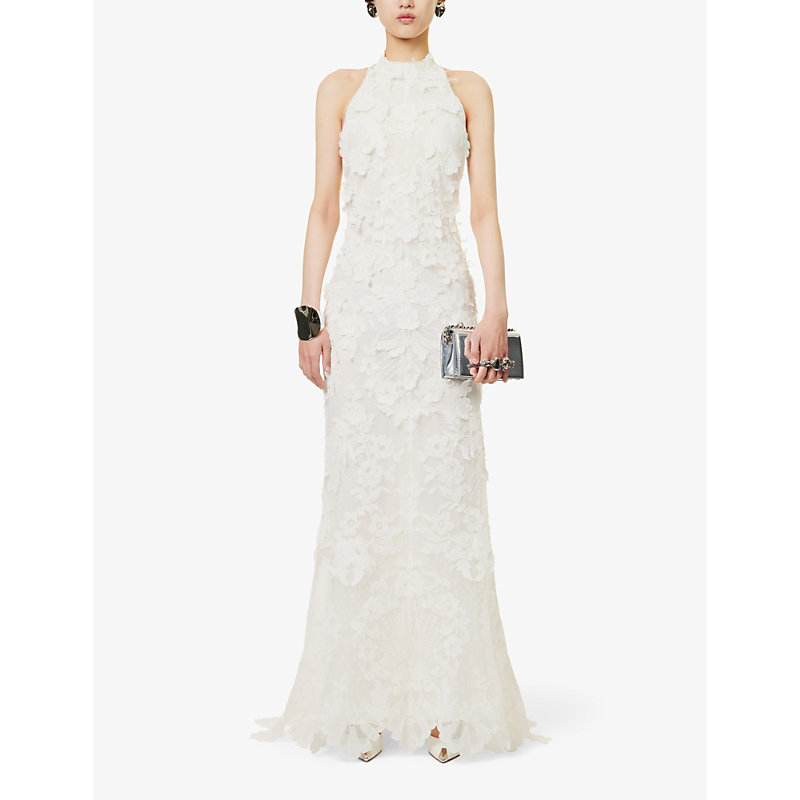 Shop Alexander Mcqueen Women's Ivory Floral-embroidered Open-back Lace Maxi Dress