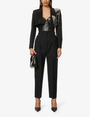 Shop Alexander Mcqueen Womens Black Crystal-embellished Cropped Wool Blazer
