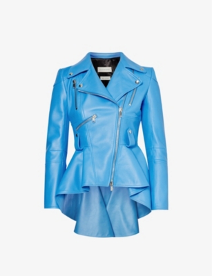 Alexander Mcqueen Womens Lapis Blue Peplum-hem Collared Leather Jacket