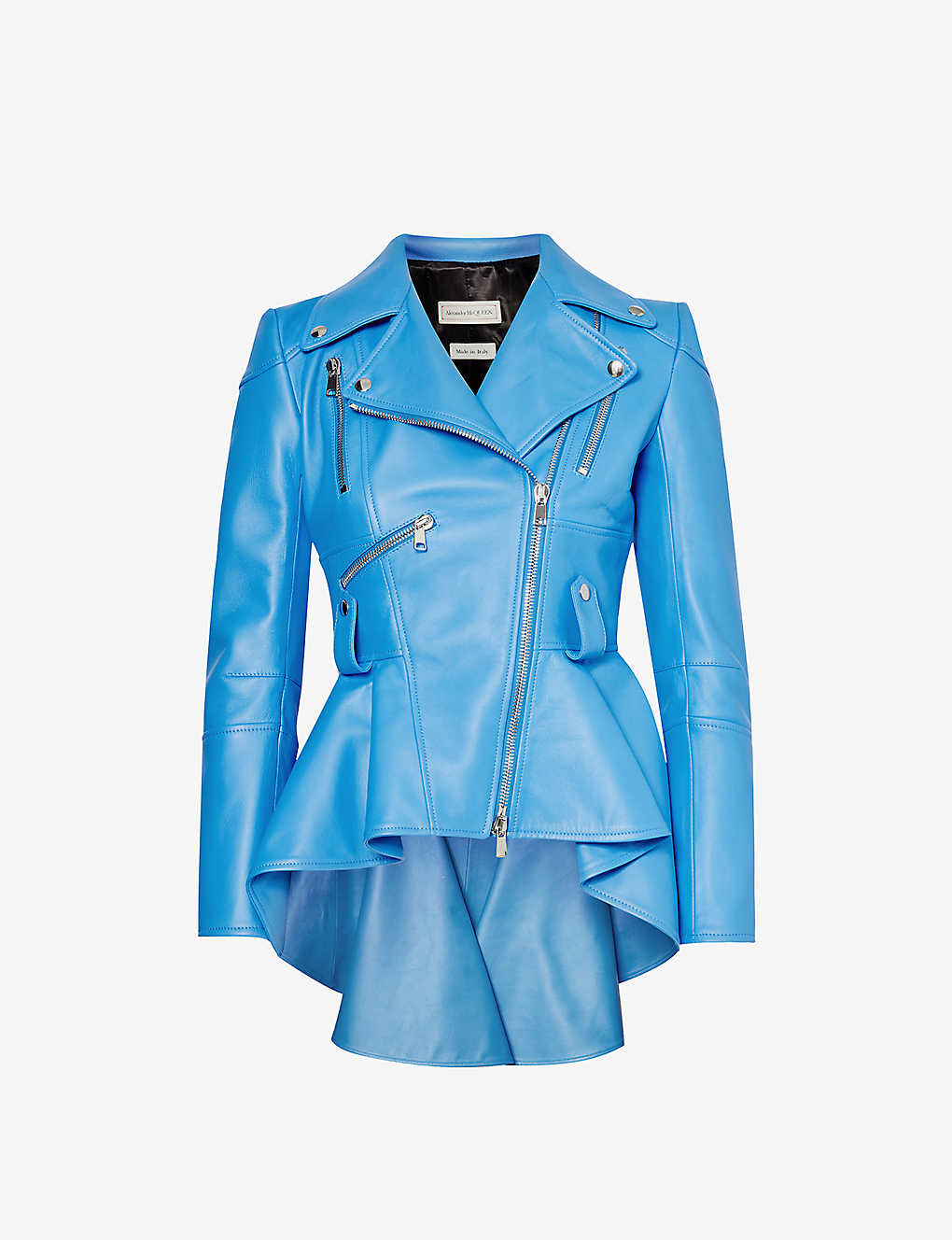 Alexander Mcqueen Womens Lapis Blue Peplum-hem Collared Leather Jacket