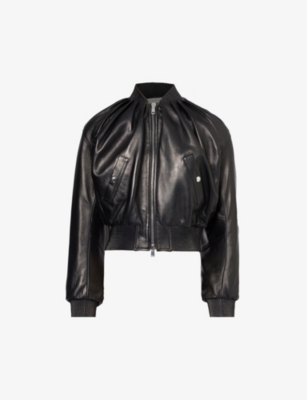 Alexander Mcqueen Ruched Leather Crop Bomber Jacket In Black
