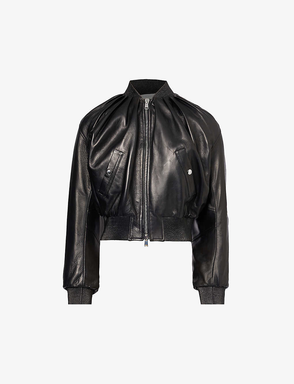 Shop Alexander Mcqueen Women's Black Ruched Slim-fit Leather Jacket