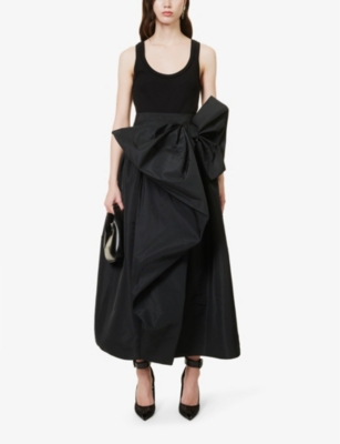 Shop Alexander Mcqueen Women's Black Bow-embellished Scoop-neck Stretch-cotton Midi Dress
