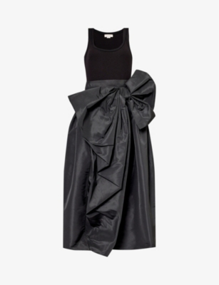 Shop Alexander Mcqueen Women's Black Bow-embellished Scoop-neck Stretch-cotton Midi Dress